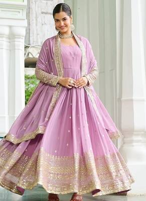 Pink embroidered work georgette gown with dupatta 2