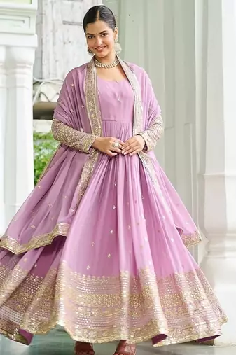 Pink color embroidered work georgette gown with dupatta