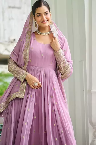 Pink color embroidered work georgette gown with dupatta