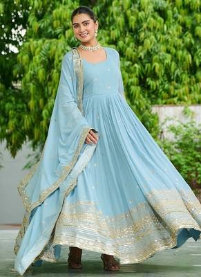 Sky blue embroidered work georgette gown with dupatta 1