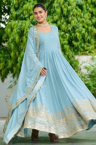 Sky blue color embroidered work georgette gown with dupatta