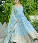 Sky blue color embroidered work georgette gown with dupatta