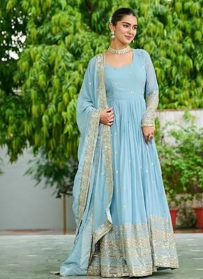 Sky blue embroidered work georgette gown with dupatta 2