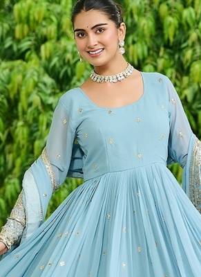 Sky blue embroidered work georgette gown with dupatta 3