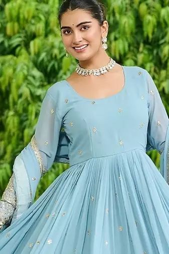 Sky blue color embroidered work georgette gown with dupatta