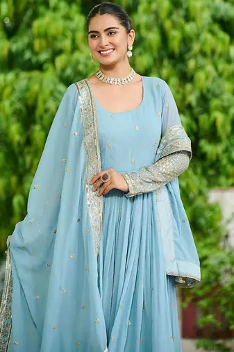 Sky blue color embroidered work georgette gown with dupatta