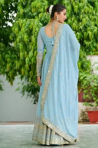 Sky blue color embroidered work georgette gown with dupatta