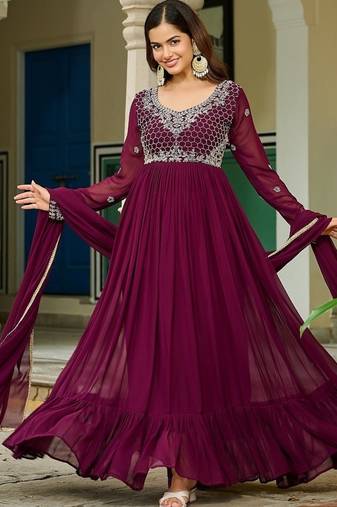 Wine color beads embroidered work georgette gown dupatta