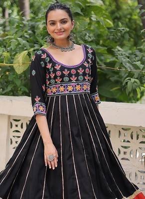 Black roman silk blend thread work gota lace embellished work gown 1