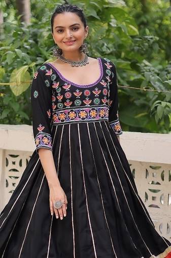 Black color roman silk thread work gota lace embellished work gown