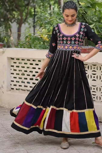 Black color roman silk blend thread work gota lace embellished work gown
