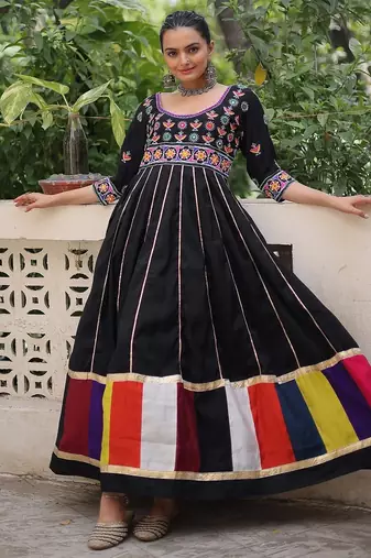 Black color roman silk blend thread work gota lace embellished work gown