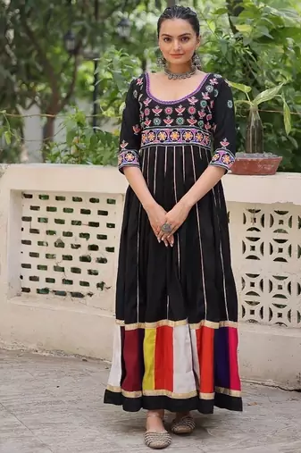 Black color roman silk blend thread work gota lace embellished work gown