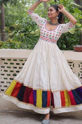 White color roman silk thread work gota lace embellished work gown