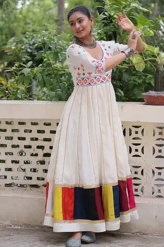 White color roman silk blend thread work gota lace embellished work gown