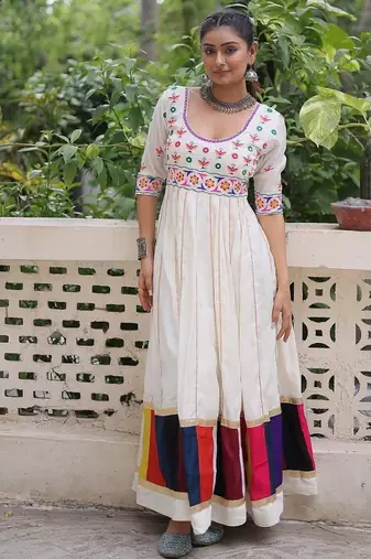 White color roman silk blend thread work gota lace embellished work gown