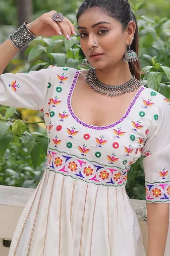 White color roman silk blend thread work gota lace embellished work gown