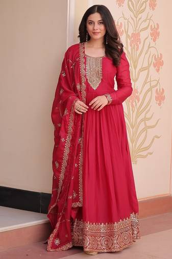 Pink color zari sequins embroidered work georgette gown