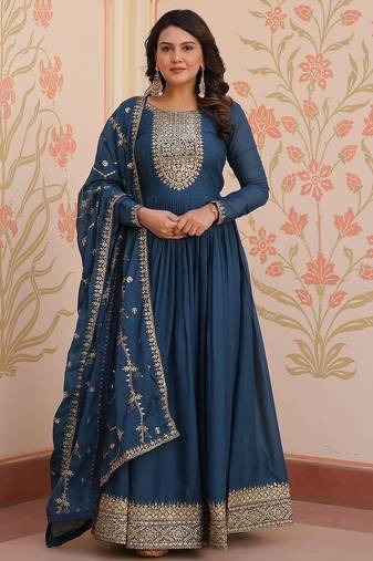 Rama blue color zari sequins embroidered work georgette gown