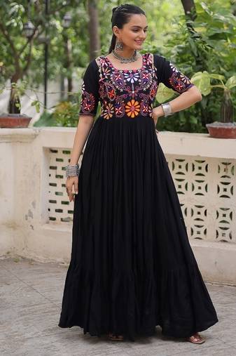 Black color thread embroidered kutchi gamthi work rayon gown