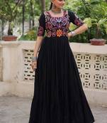 Black color thread embroidered kutchi gamthi work rayon gown