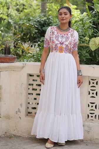 White color thread embroidered kutchi gamthi work rayon gown