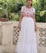 White color thread embroidered kutchi gamthi work rayon gown