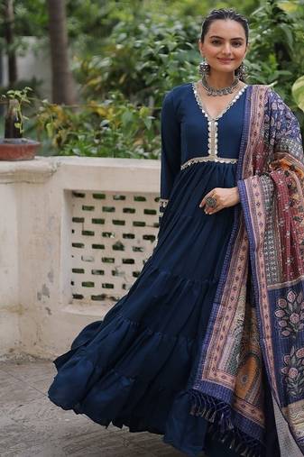 Blue color roman silk mirror lace work gown with printed dupatta