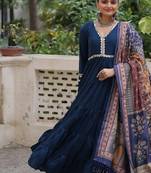 Blue color roman silk mirror lace work gown with printed dupatta