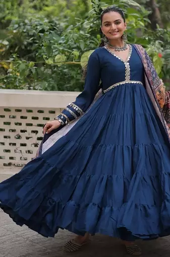 Blue color roman silk blend mirror lace work gown with printed dupatta