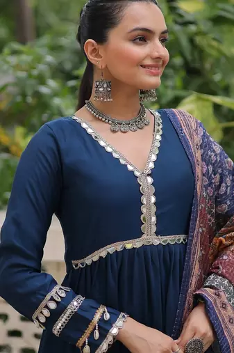 Blue color roman silk blend mirror lace work gown with printed dupatta