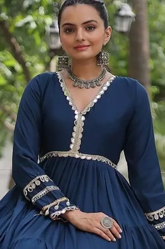 Blue color roman silk blend mirror lace work gown with printed dupatta