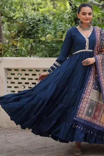 Blue color roman silk blend mirror lace work gown with printed dupatta
