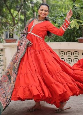 Orange roman silk blend mirror lace work gown with printed dupatta 1