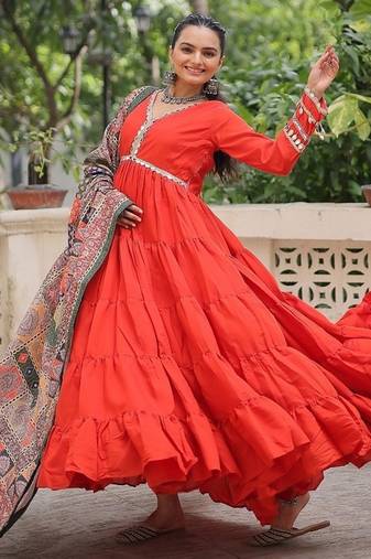 Orange color roman silk mirror lace work gown with printed dupatta