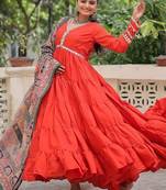 Orange color roman silk mirror lace work gown with printed dupatta