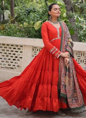 Orange roman silk blend mirror lace work gown with printed dupatta 2