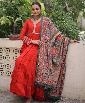Orange roman silk blend mirror lace work gown with printed dupatta 3