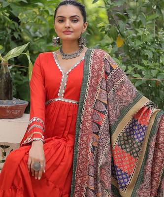 Orange roman silk blend mirror lace work gown with printed dupatta 4