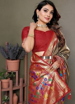 beige color pure banarasi tissue silk blend sarees  1