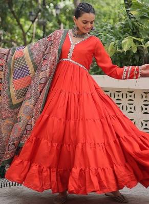 Orange roman silk blend mirror lace work gown with printed dupatta 5
