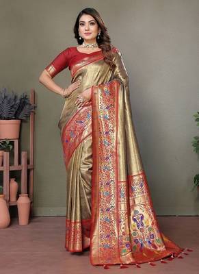 beige color pure banarasi tissue silk blend sarees  2