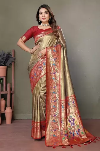 beige color pure banarasi tissue silk blend sarees 