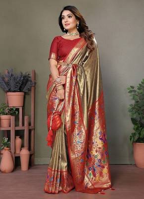 beige color pure banarasi tissue silk blend sarees  3