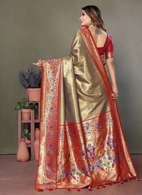 beige color pure banarasi tissue silk blend sarees  4