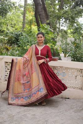 Maroon roman silk blend mirror lace work gown with printed dupatta 1