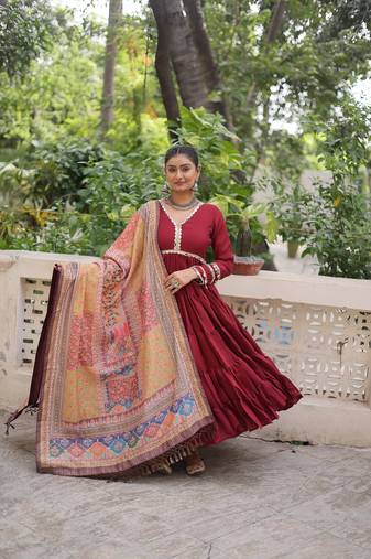 Maroon color roman silk mirror lace work gown with printed dupatta