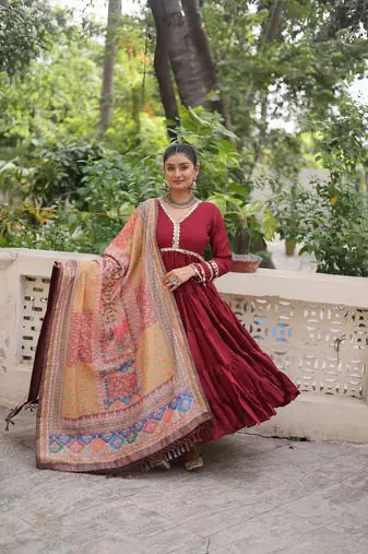 Maroon color roman silk mirror lace work gown with printed dupatta