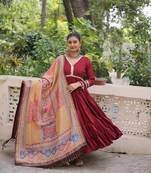 Maroon color roman silk mirror lace work gown with printed dupatta