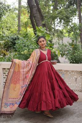 Maroon roman silk blend mirror lace work gown with printed dupatta 2